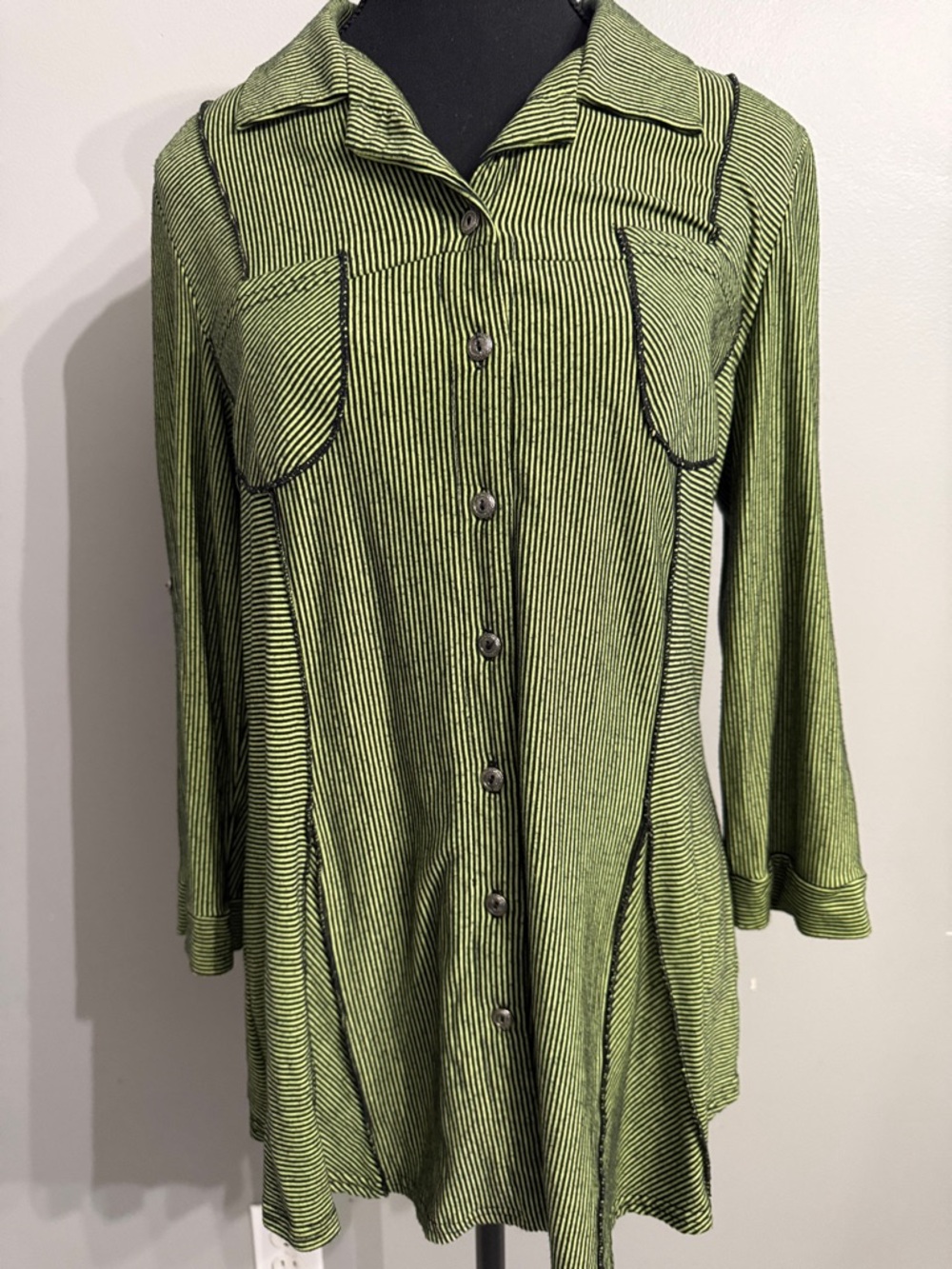 Y2K Green Striped Button-Down Tunic Shirt